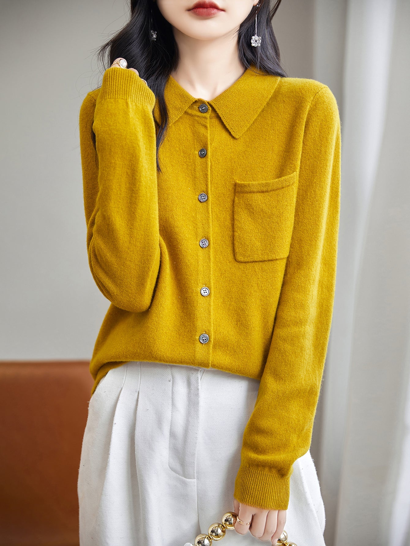 100% Merino Wool Poloneck Cardigan Sweater