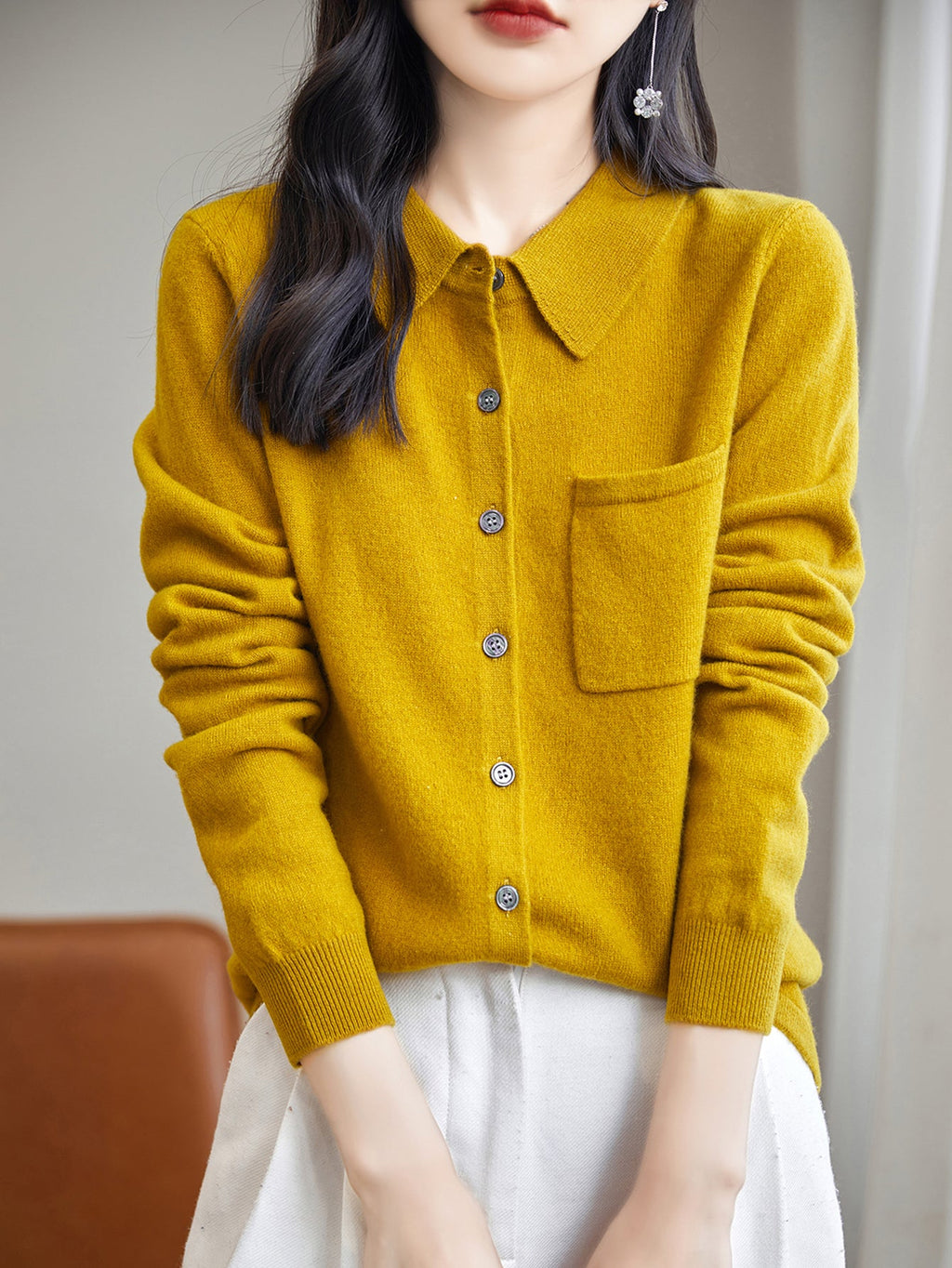 100% Merino Wool Poloneck Cardigan Sweater