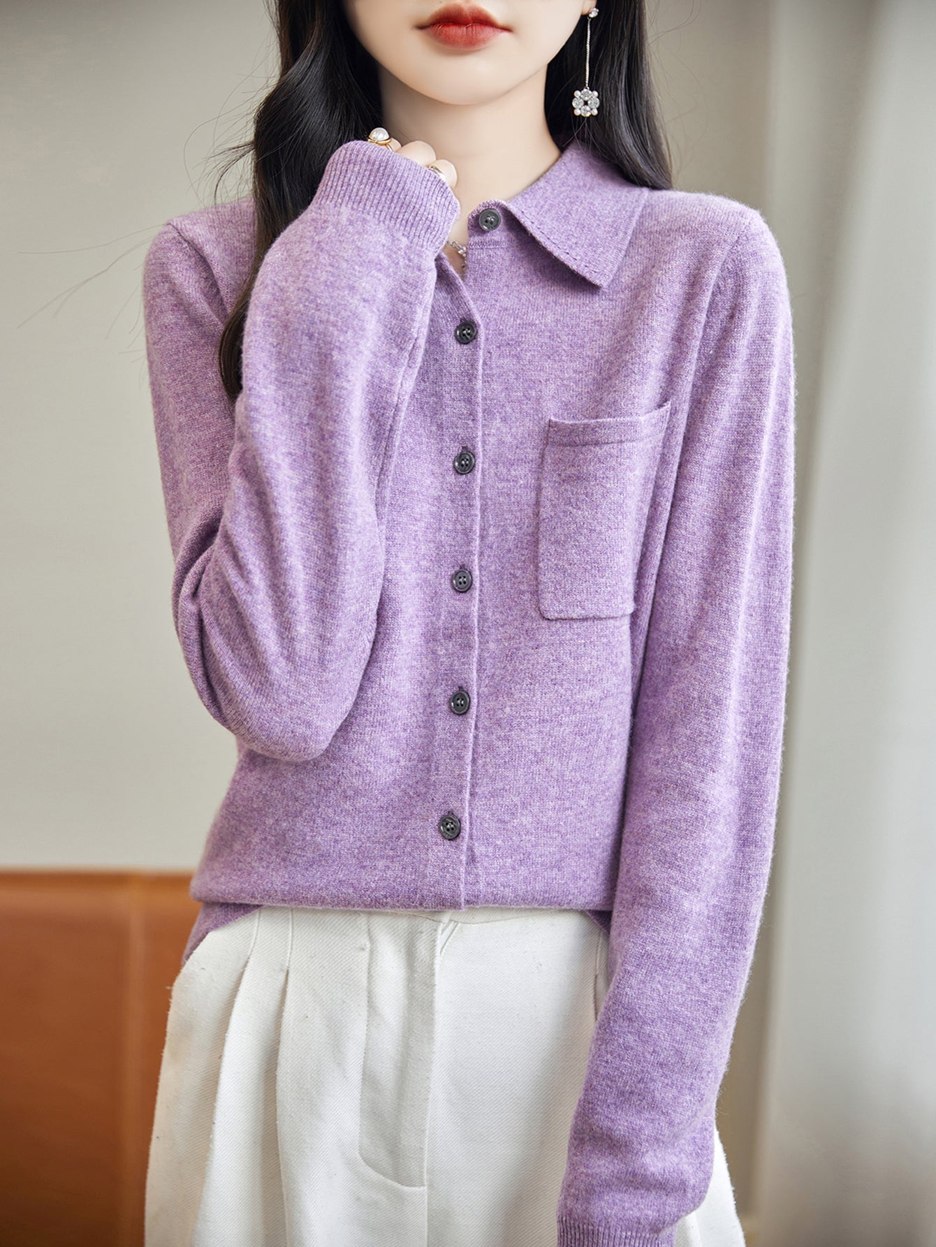 100% Merino Wool Poloneck Cardigan Sweater
