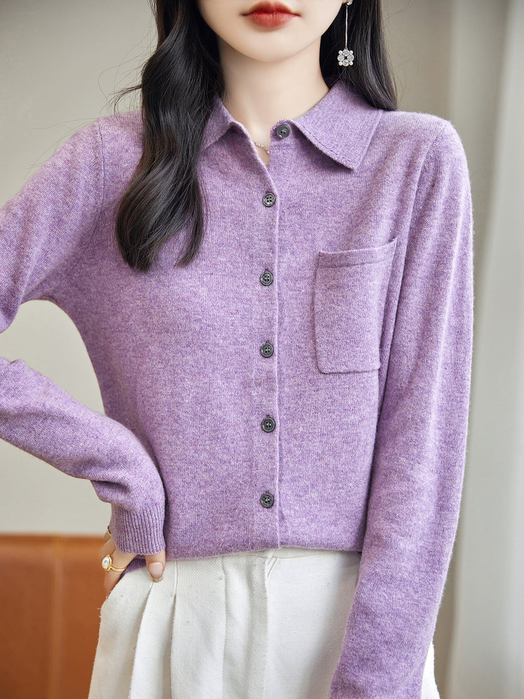100% Merino Wool Poloneck Cardigan Sweater