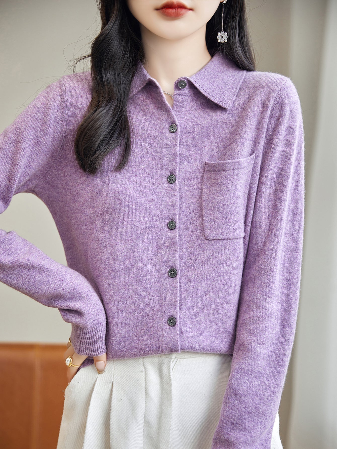 100% Merino Wool Poloneck Cardigan Sweater