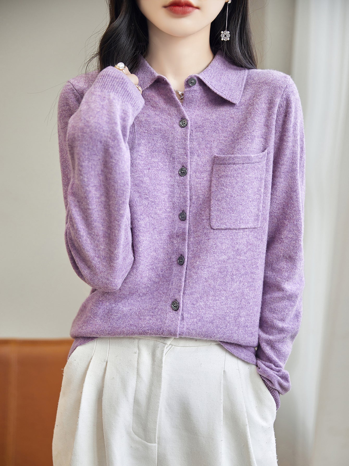 100% Merino Wool Poloneck Cardigan Sweater
