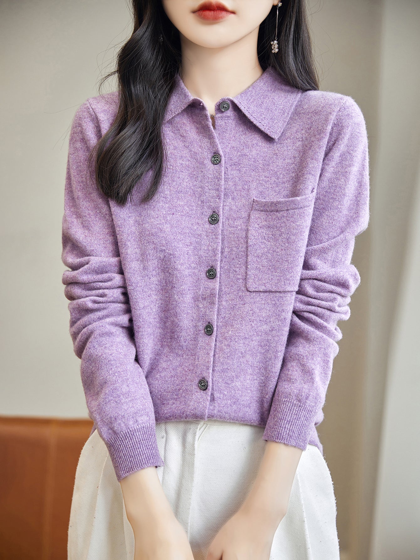 100% Merino Wool Poloneck Cardigan Sweater