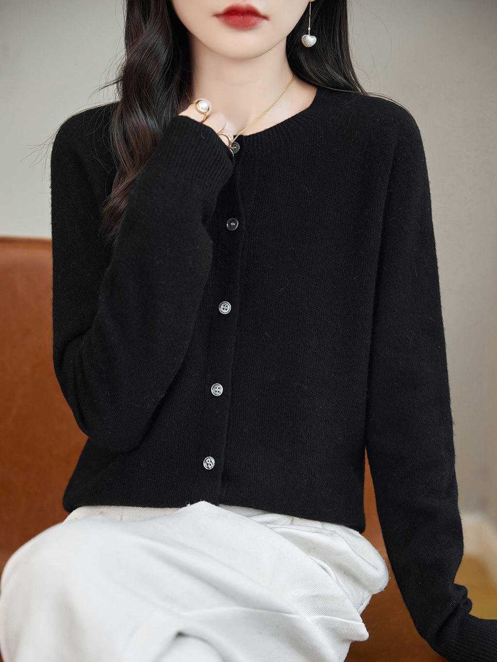 100% Merino Wool Crewneck Cardigan Sweater
