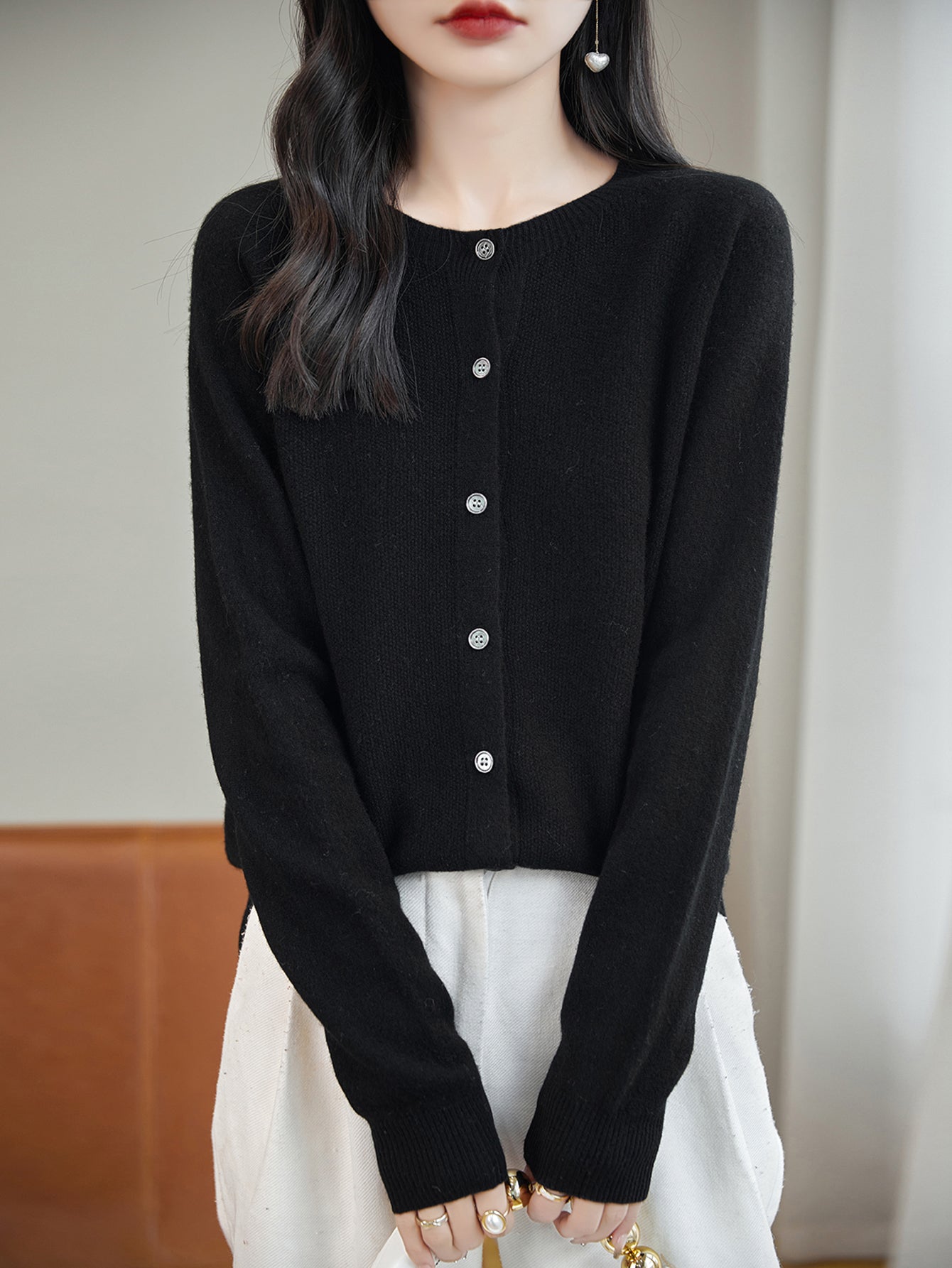 100% Merino Wool Crewneck Cardigan Sweater