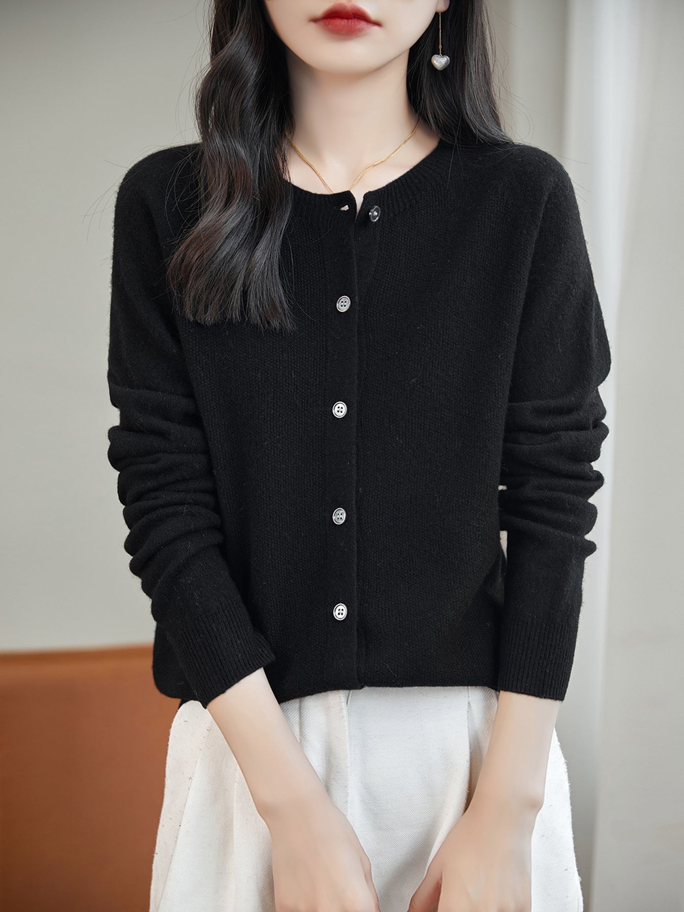 100% Merino Wool Crewneck Cardigan Sweater