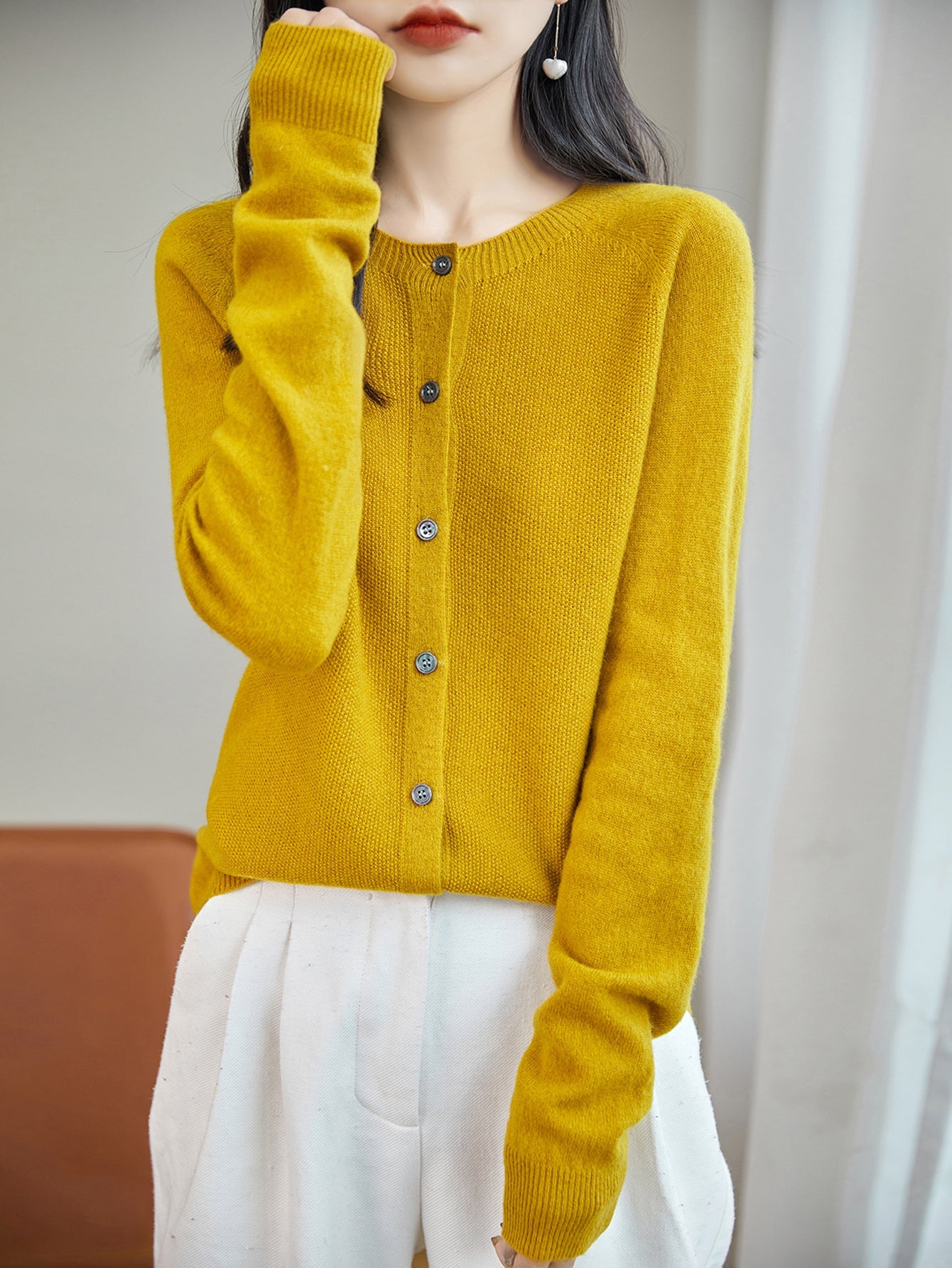 100% Merino Wool Crewneck Cardigan Sweater