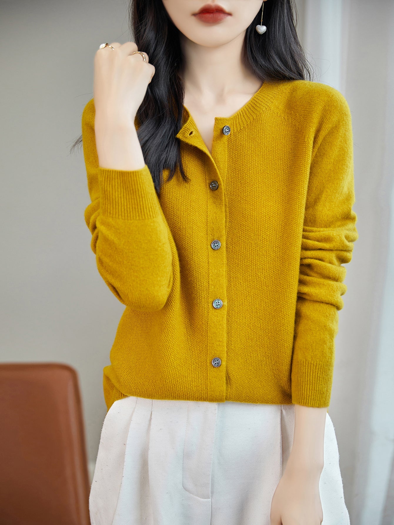 100% Merino Wool Crewneck Cardigan Sweater