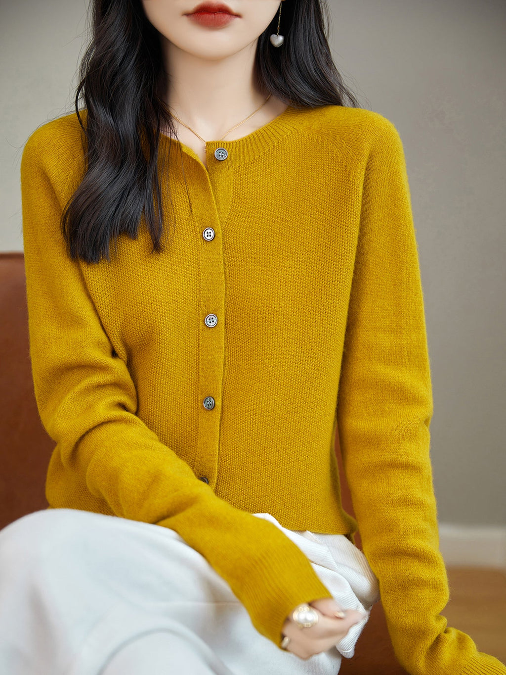 100% Merino Wool Crewneck Cardigan Sweater