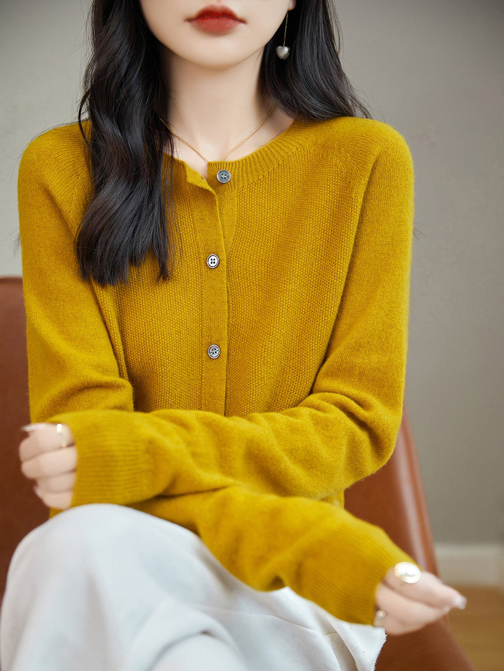 100% Merino Wool Crewneck Cardigan Sweater