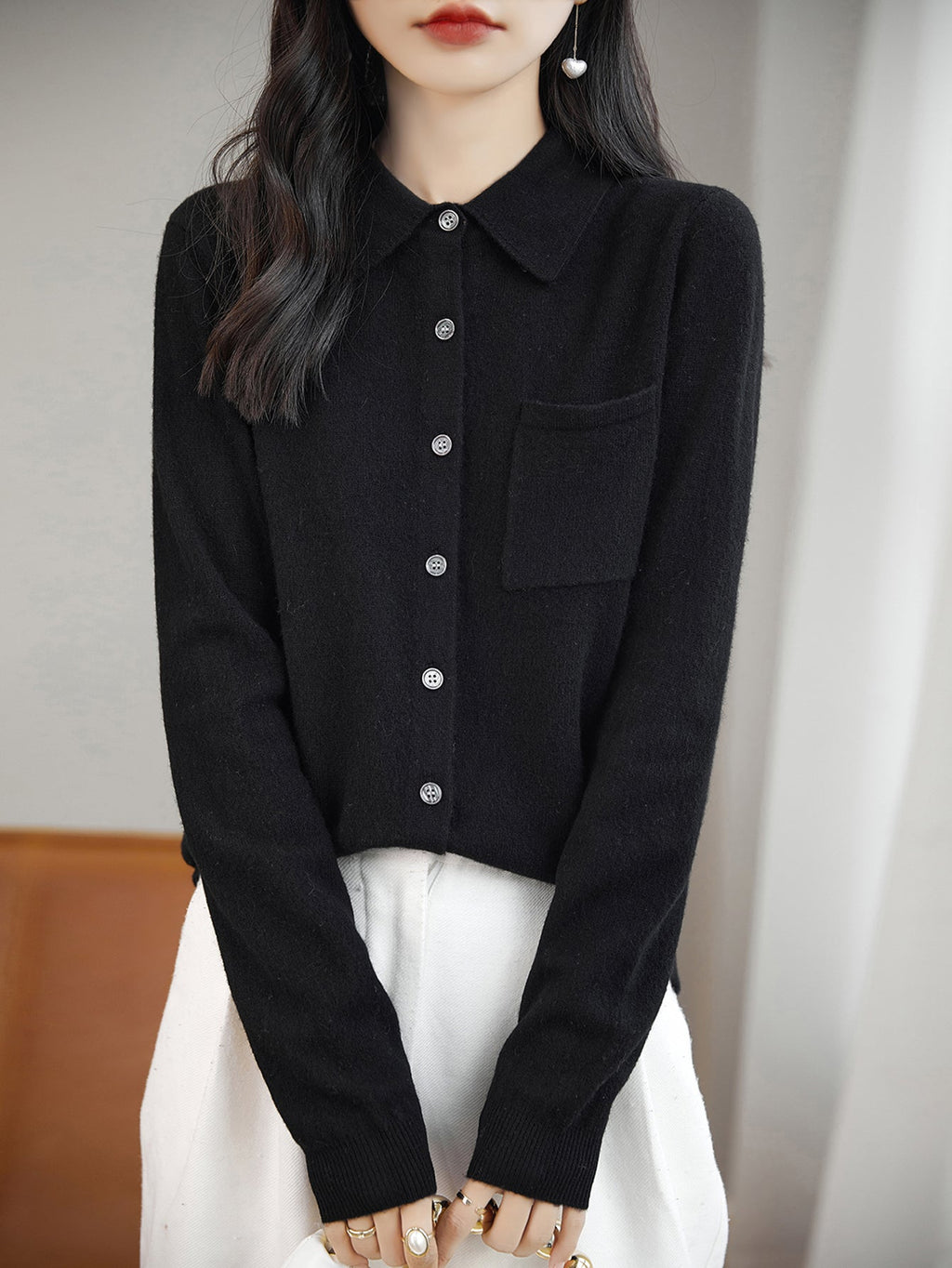 100% Merino Wool Poloneck Cardigan Sweater