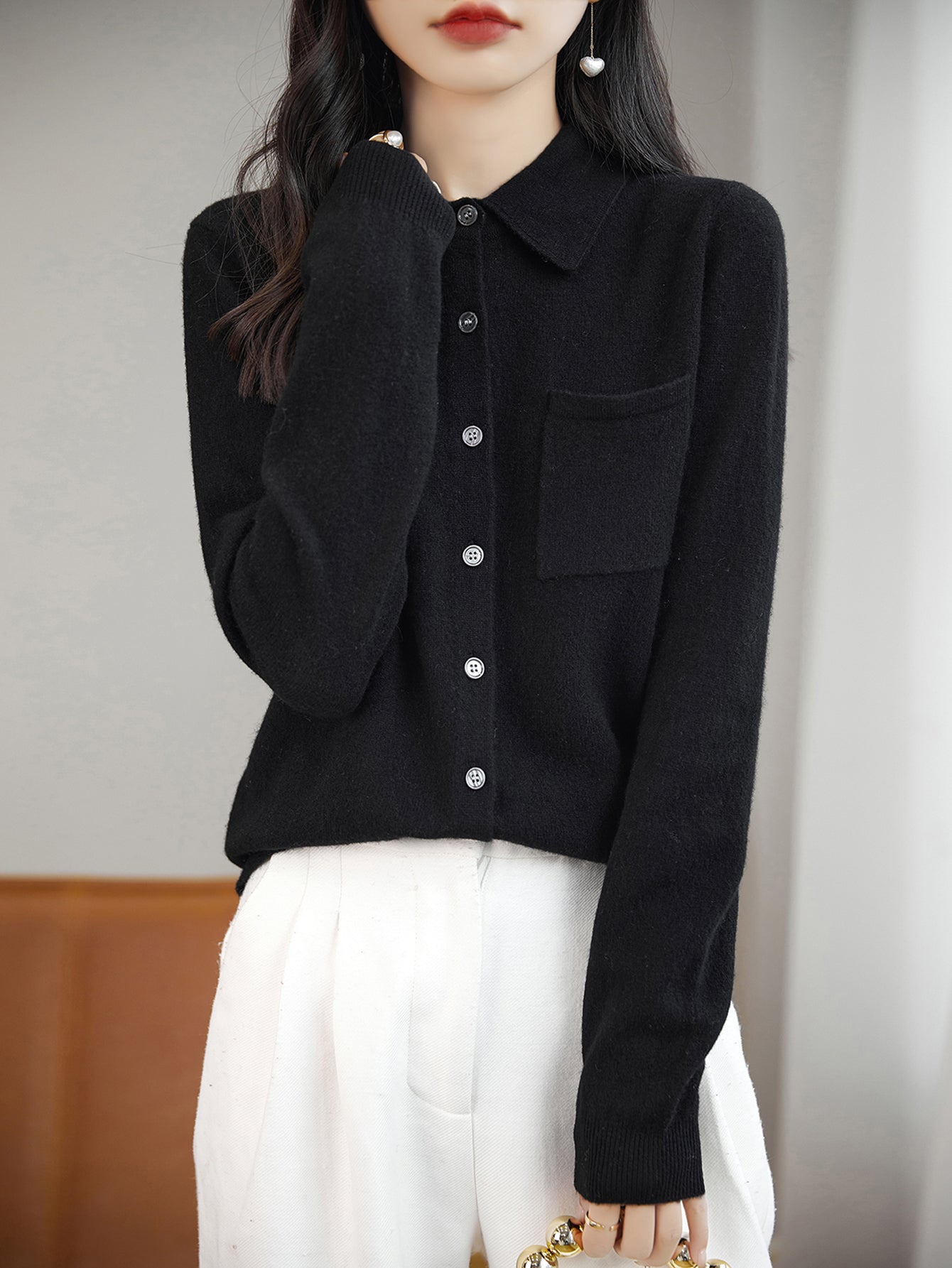 100% Merino Wool Poloneck Cardigan Sweater