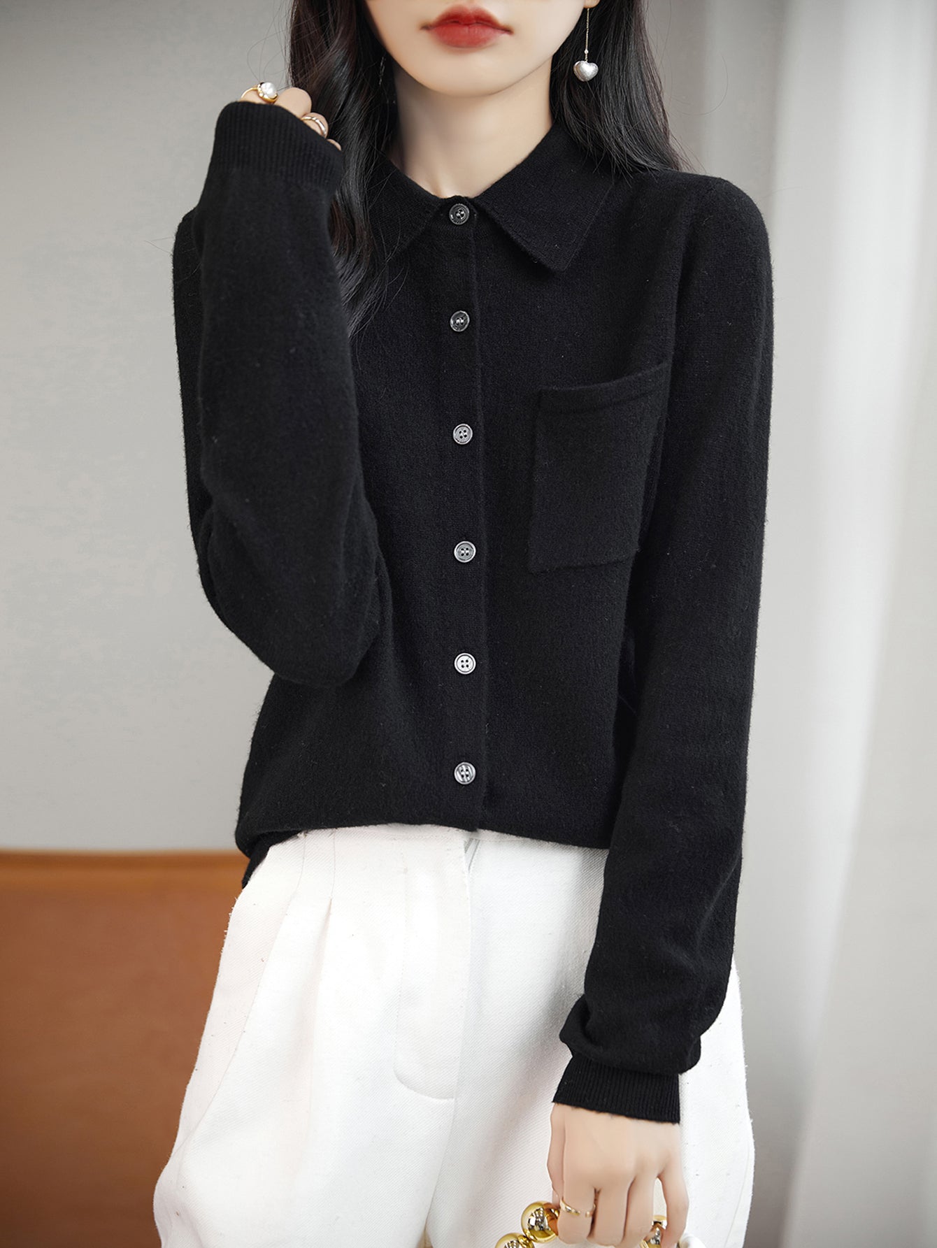 100% Merino Wool Poloneck Cardigan Sweater