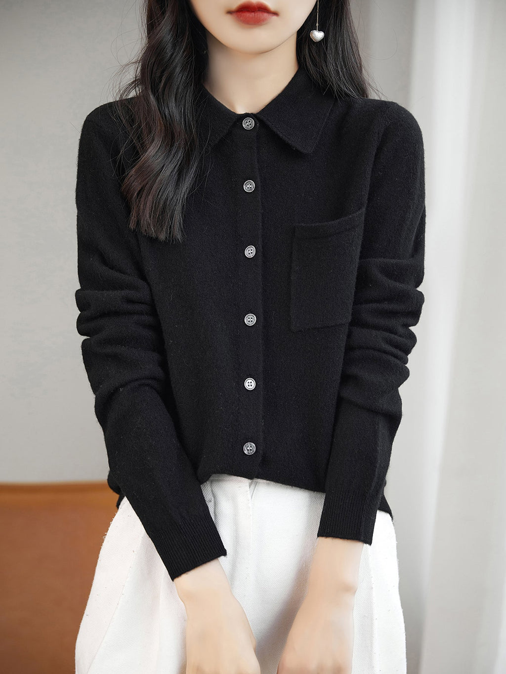 100% Merino Wool Poloneck Cardigan Sweater
