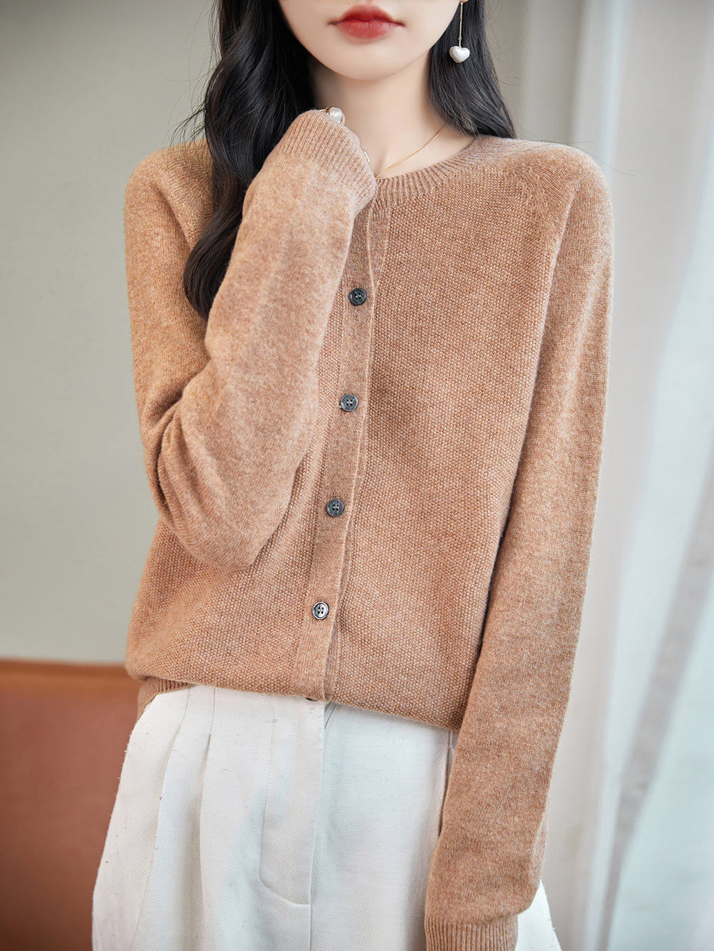100% Merino Wool Crewneck Cardigan Sweater