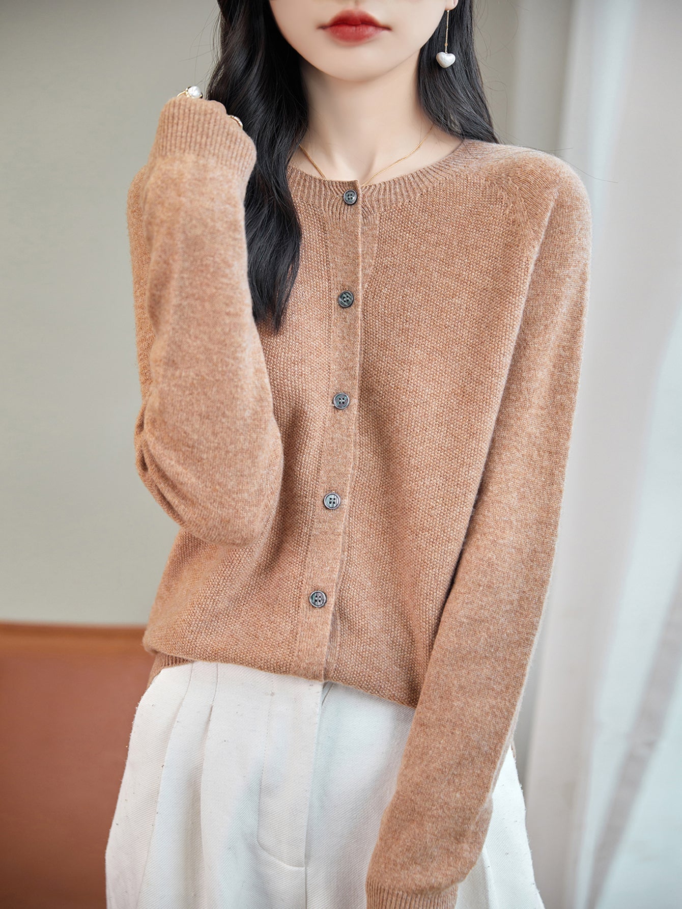 100% Merino Wool Crewneck Cardigan Sweater