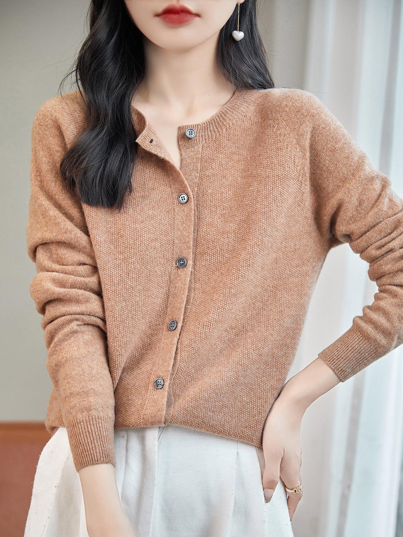 100% Merino Wool Crewneck Cardigan Sweater