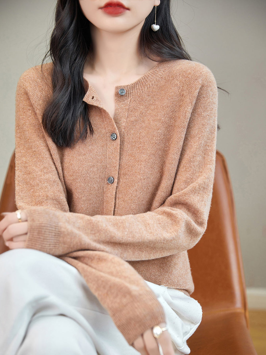 100% Merino Wool Crewneck Cardigan Sweater