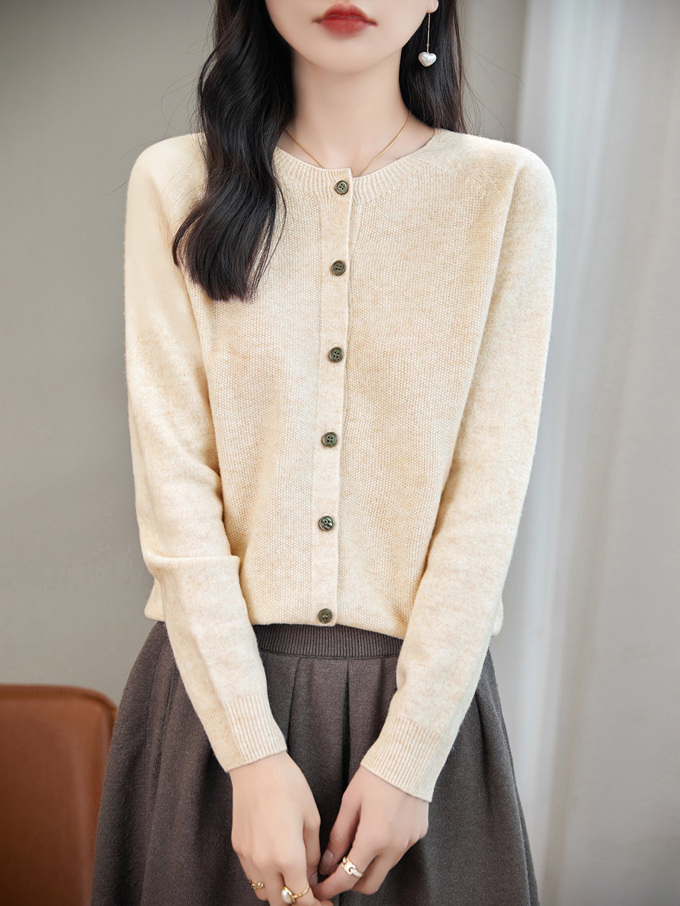 100% Merino Wool Crewneck Cardigan Sweater