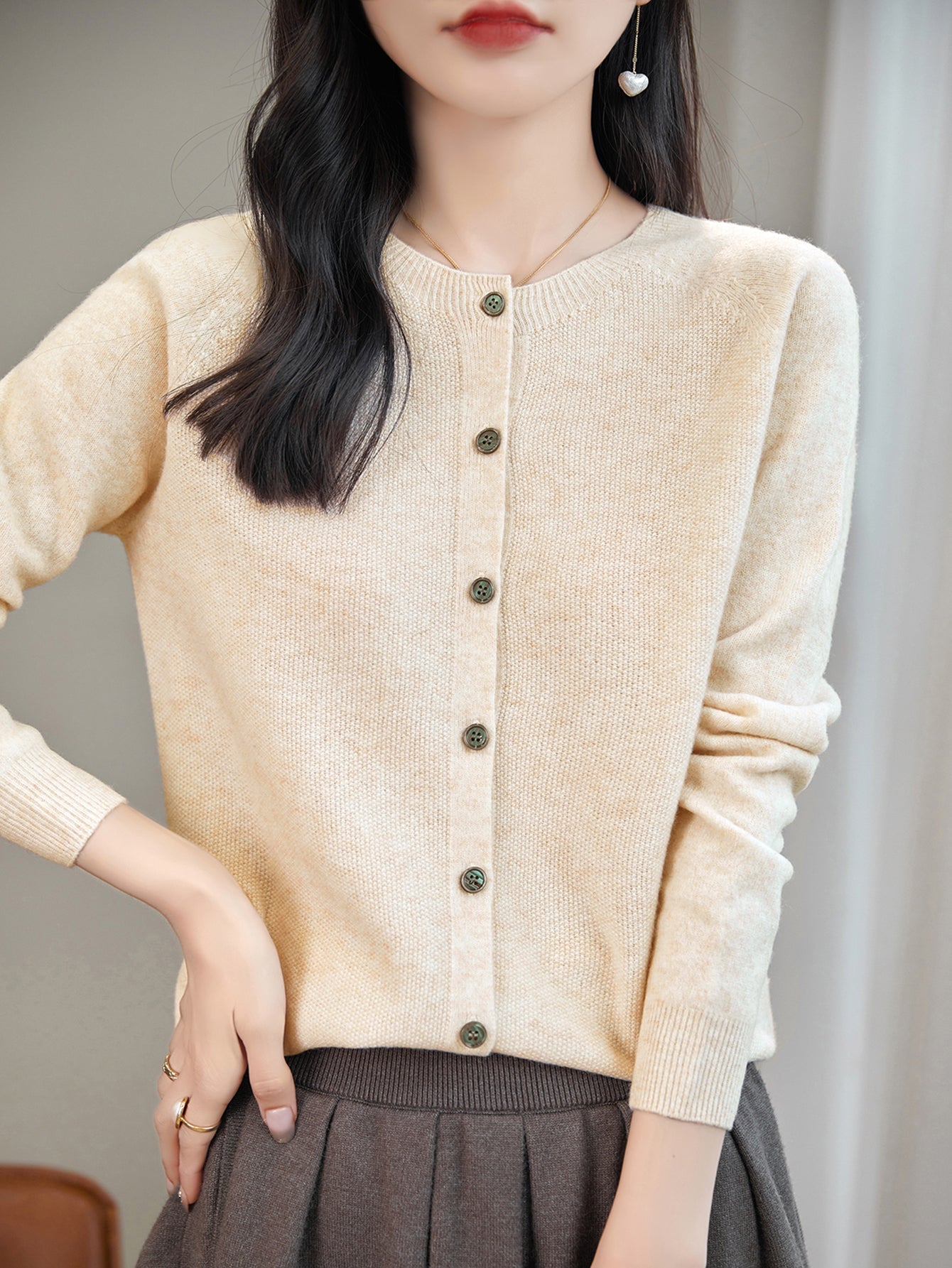 100% Merino Wool Crewneck Cardigan Sweater