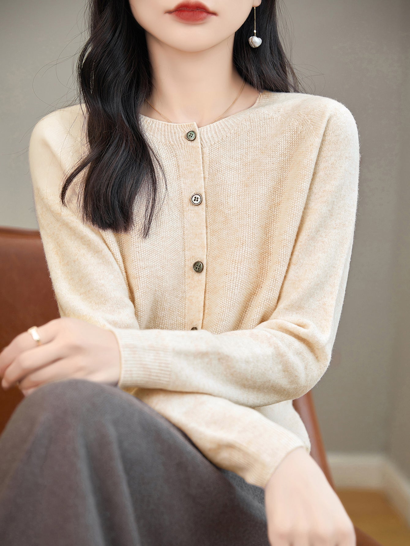 100% Merino Wool Crewneck Cardigan Sweater
