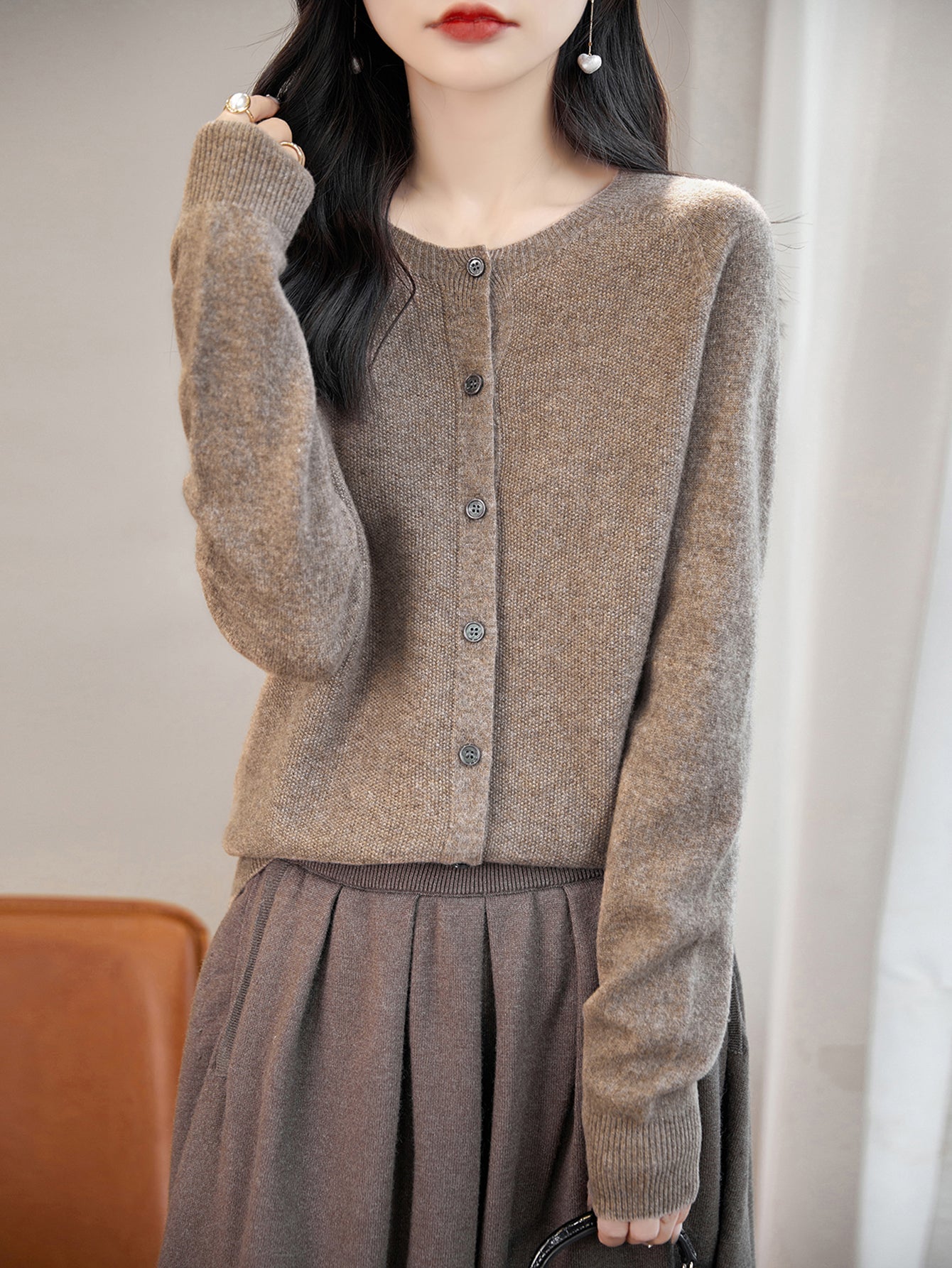 100% Merino Wool Crewneck Cardigan Sweater