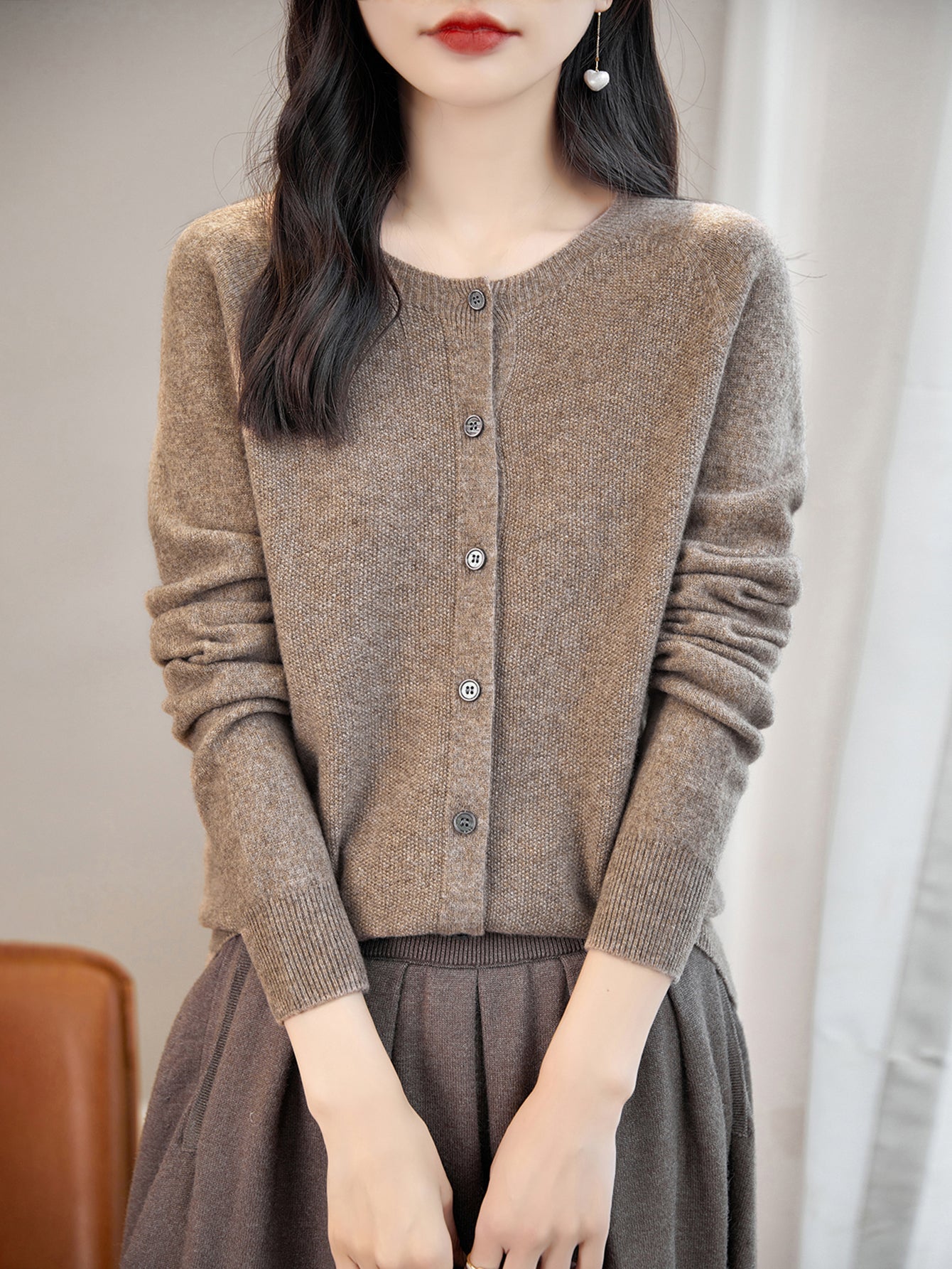 100% Merino Wool Crewneck Cardigan Sweater