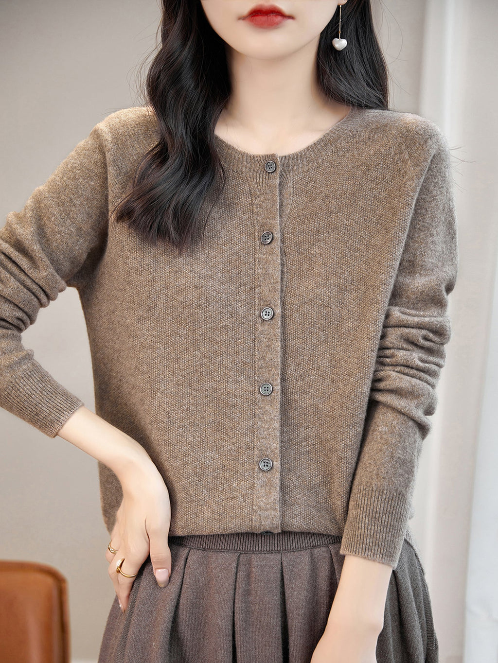 100% Merino Wool Crewneck Cardigan Sweater