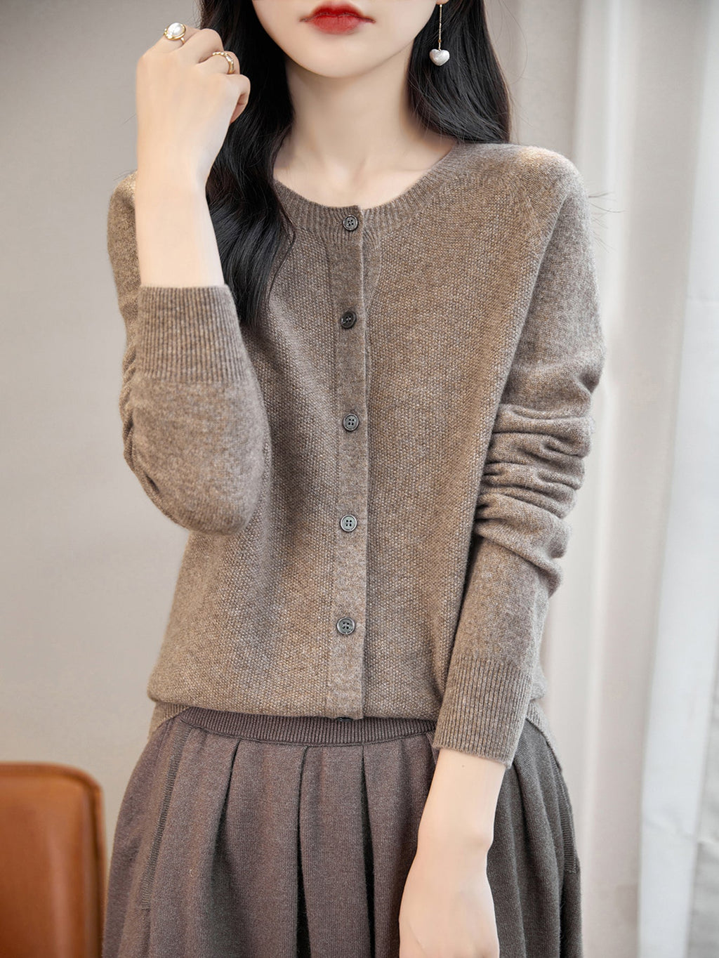 100% Merino Wool Crewneck Cardigan Sweater