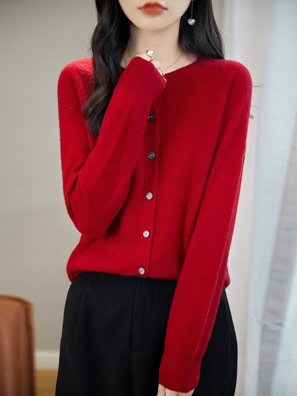 100% Merino Wool Crewneck Cardigan Sweater