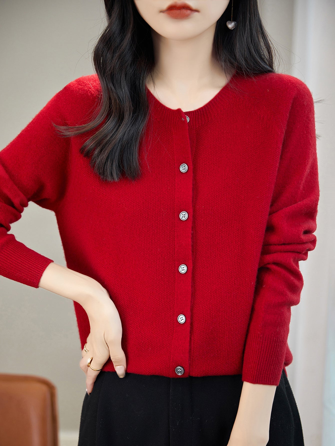 100% Merino Wool Crewneck Cardigan Sweater