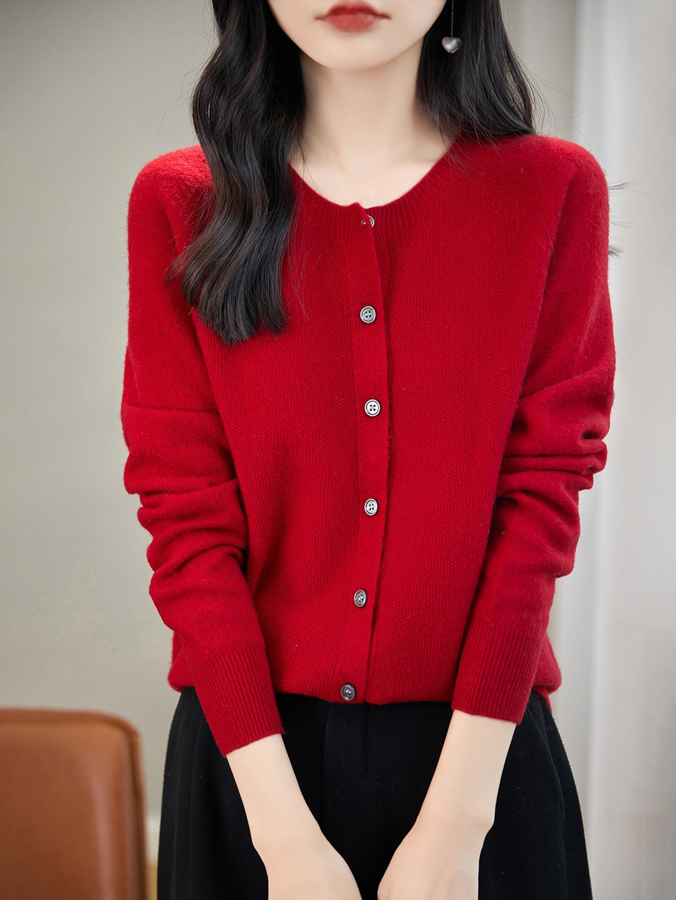 100% Merino Wool Crewneck Cardigan Sweater