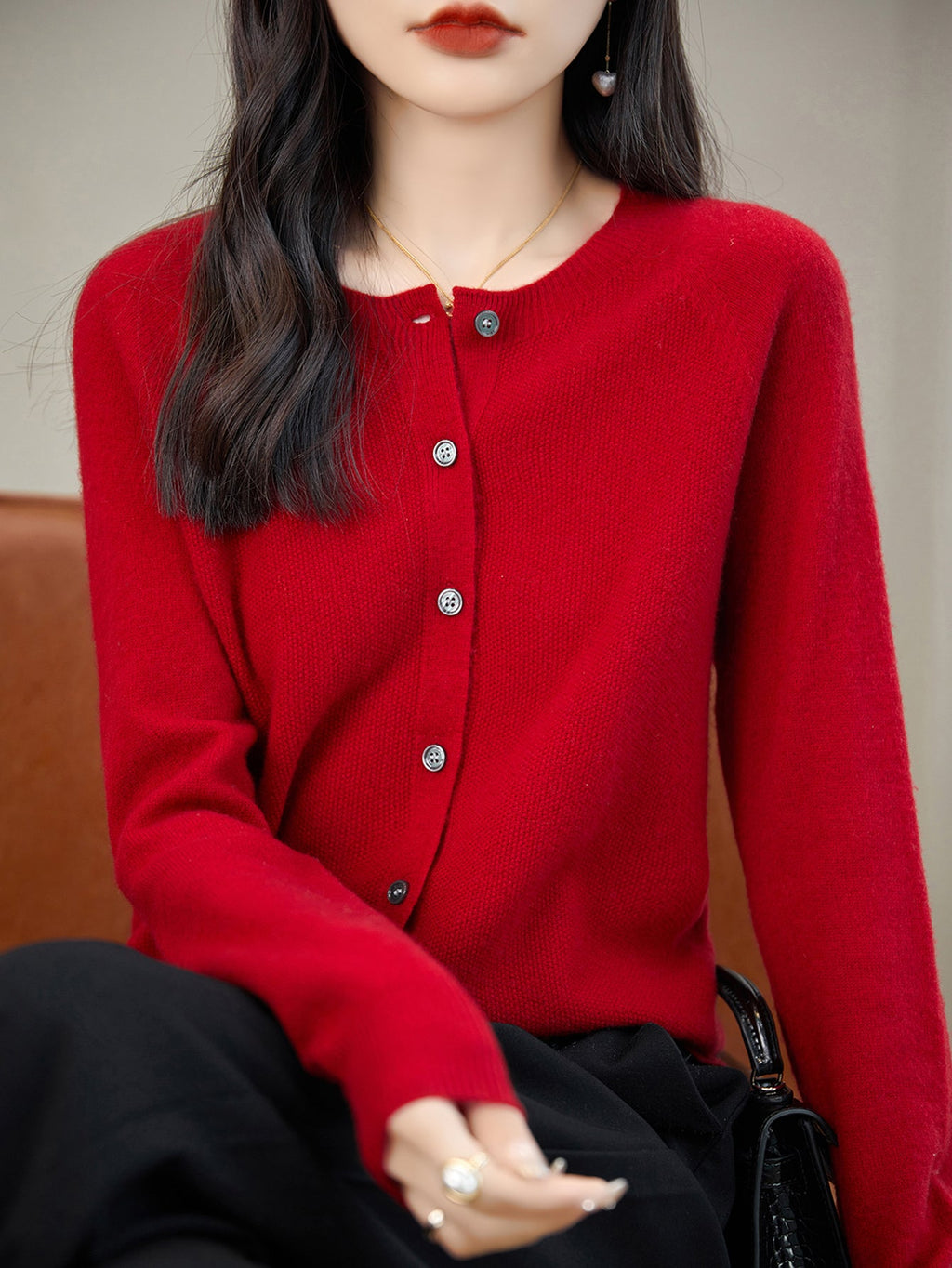 100% Merino Wool Crewneck Cardigan Sweater