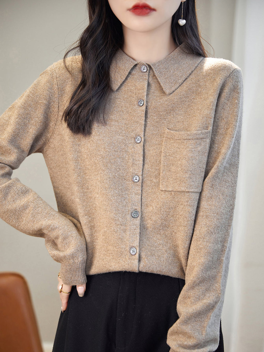100% Merino Wool Poloneck Cardigan Sweater