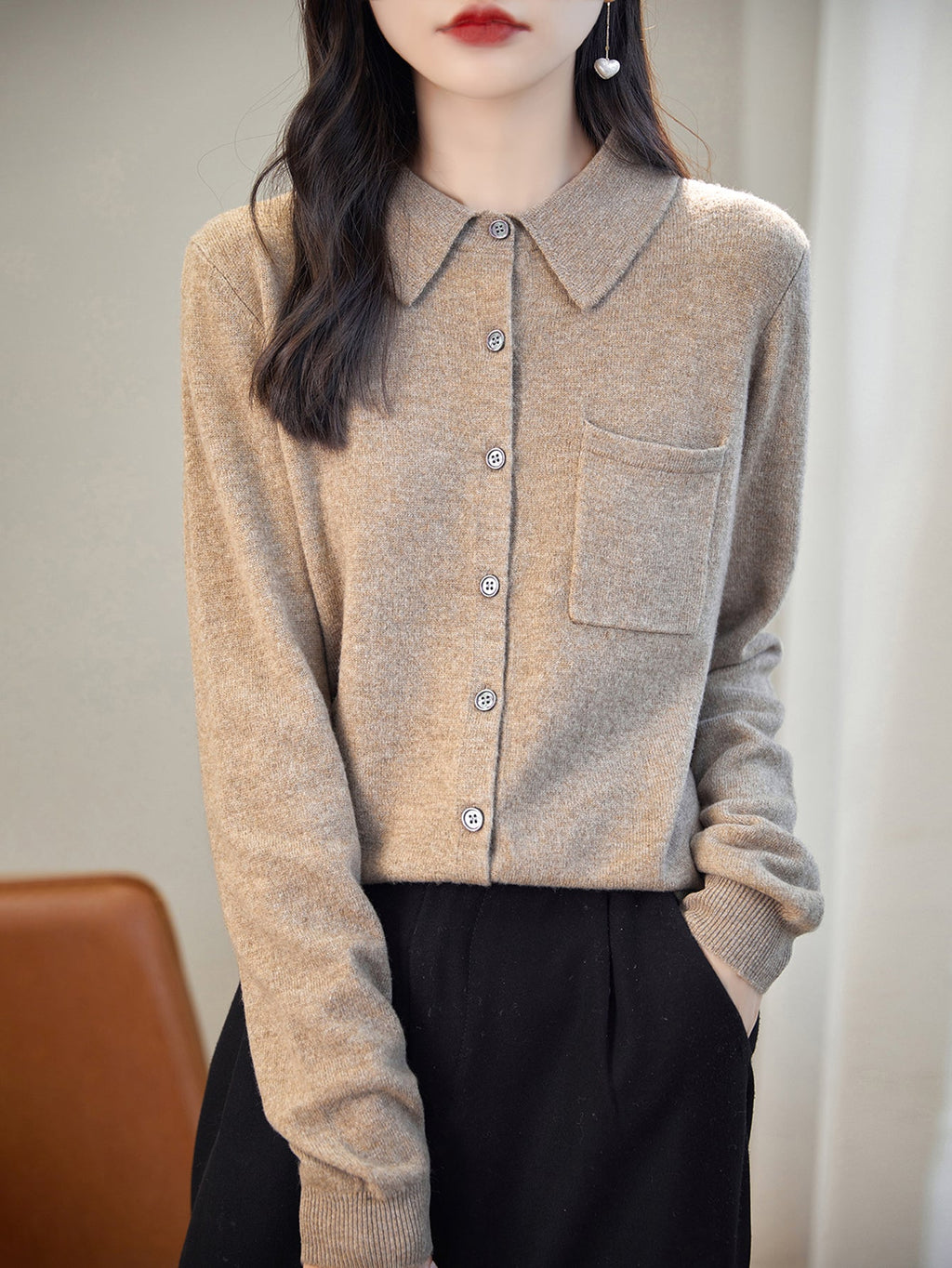 100% Merino Wool Poloneck Cardigan Sweater