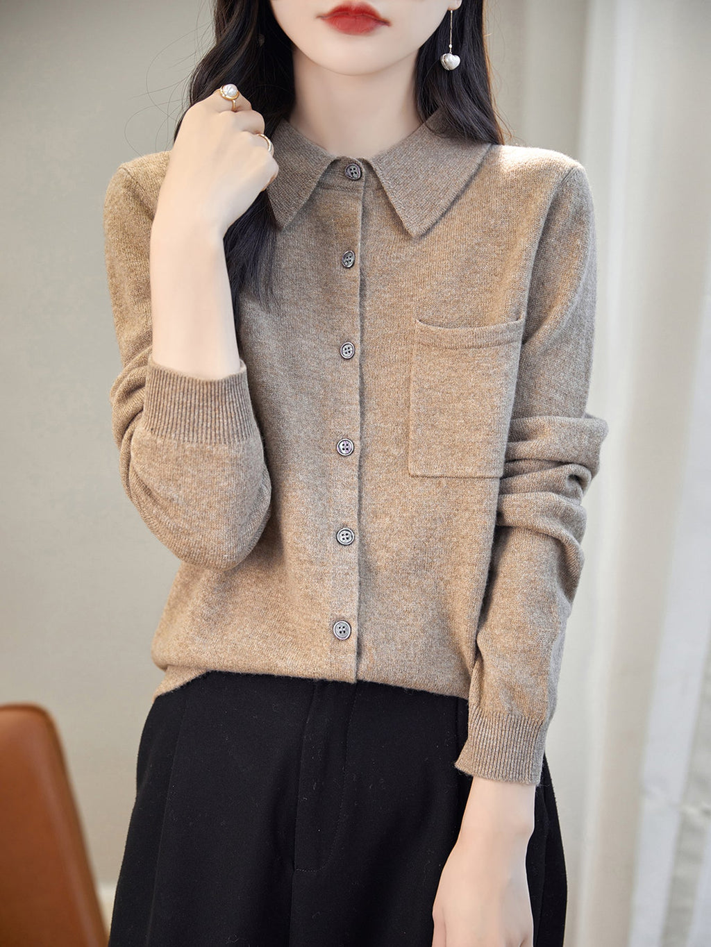 100% Merino Wool Poloneck Cardigan Sweater