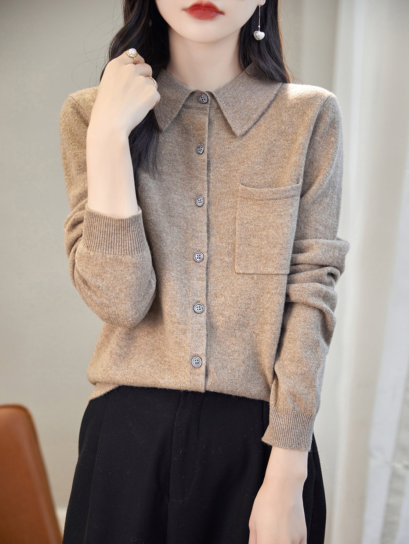 100% Merino Wool Poloneck Cardigan Sweater