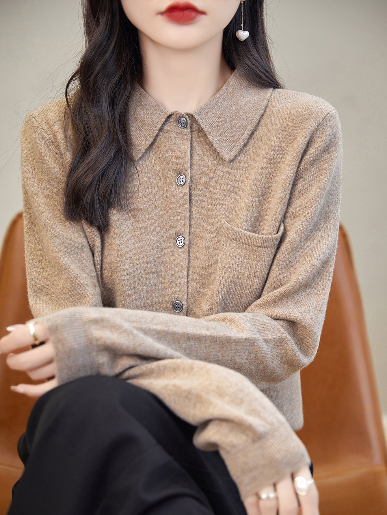 100% Merino Wool Poloneck Cardigan Sweater