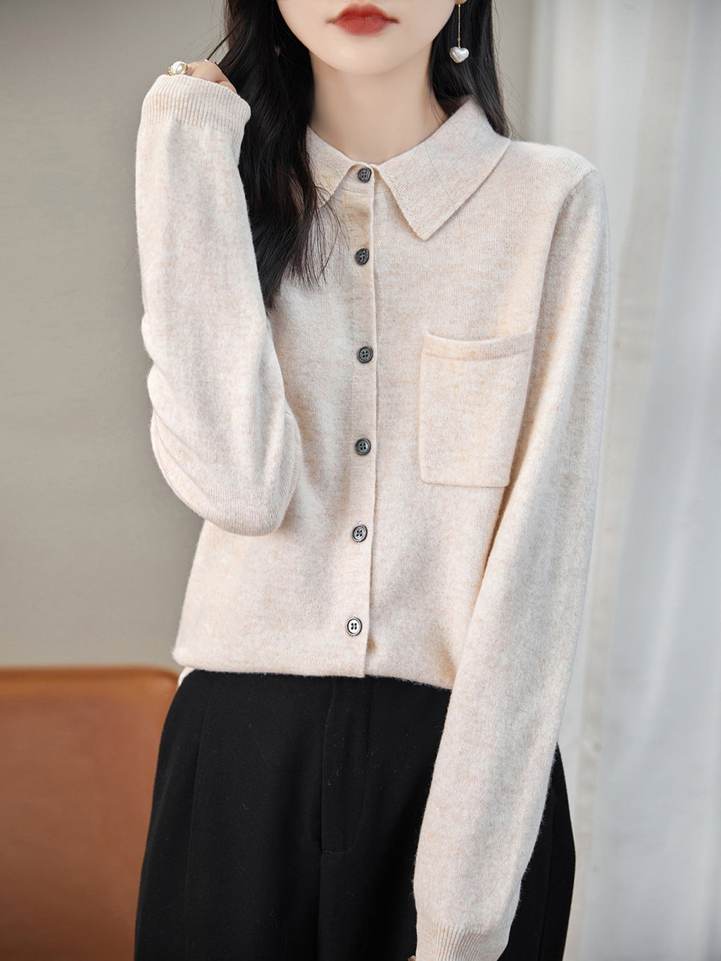 100% Merino Wool Poloneck Cardigan Sweater