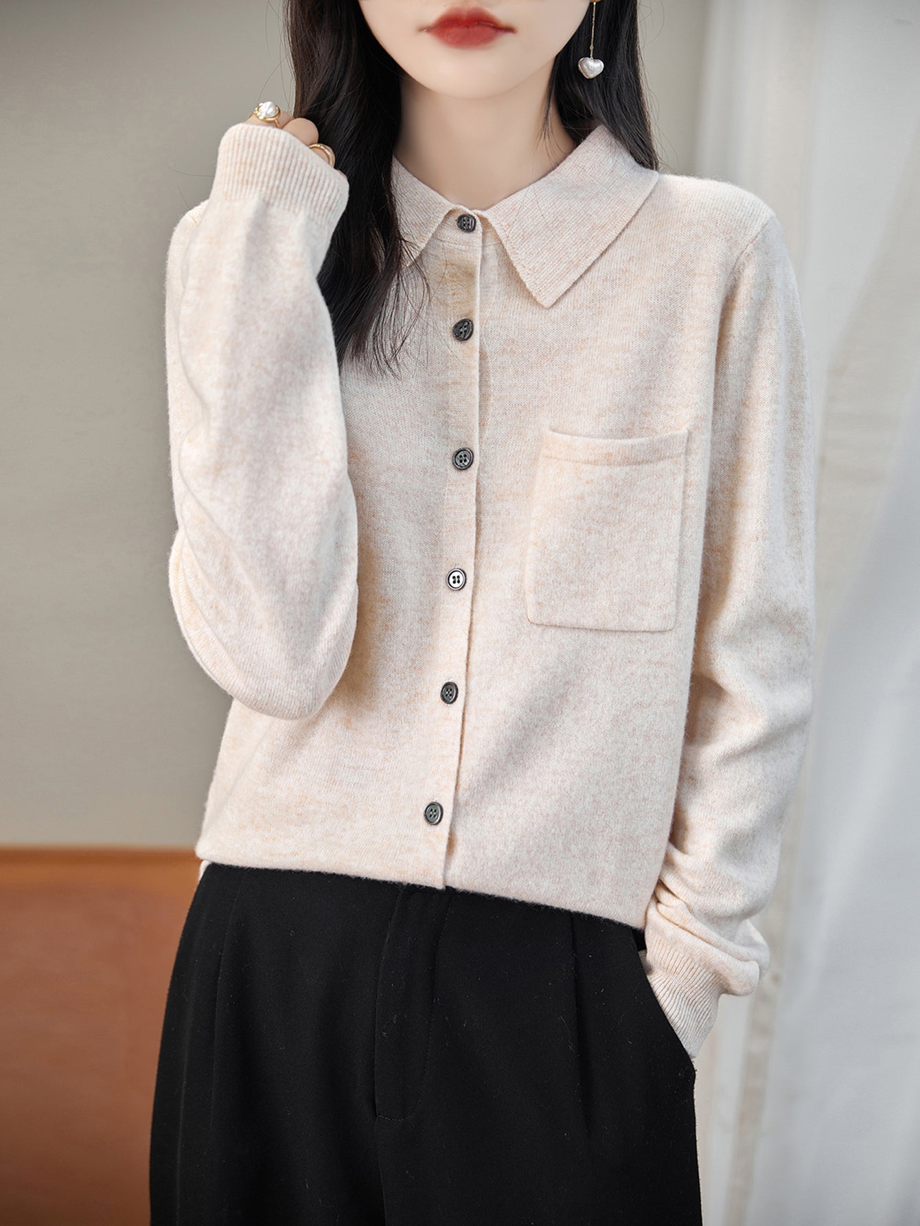 100% Merino Wool Poloneck Cardigan Sweater