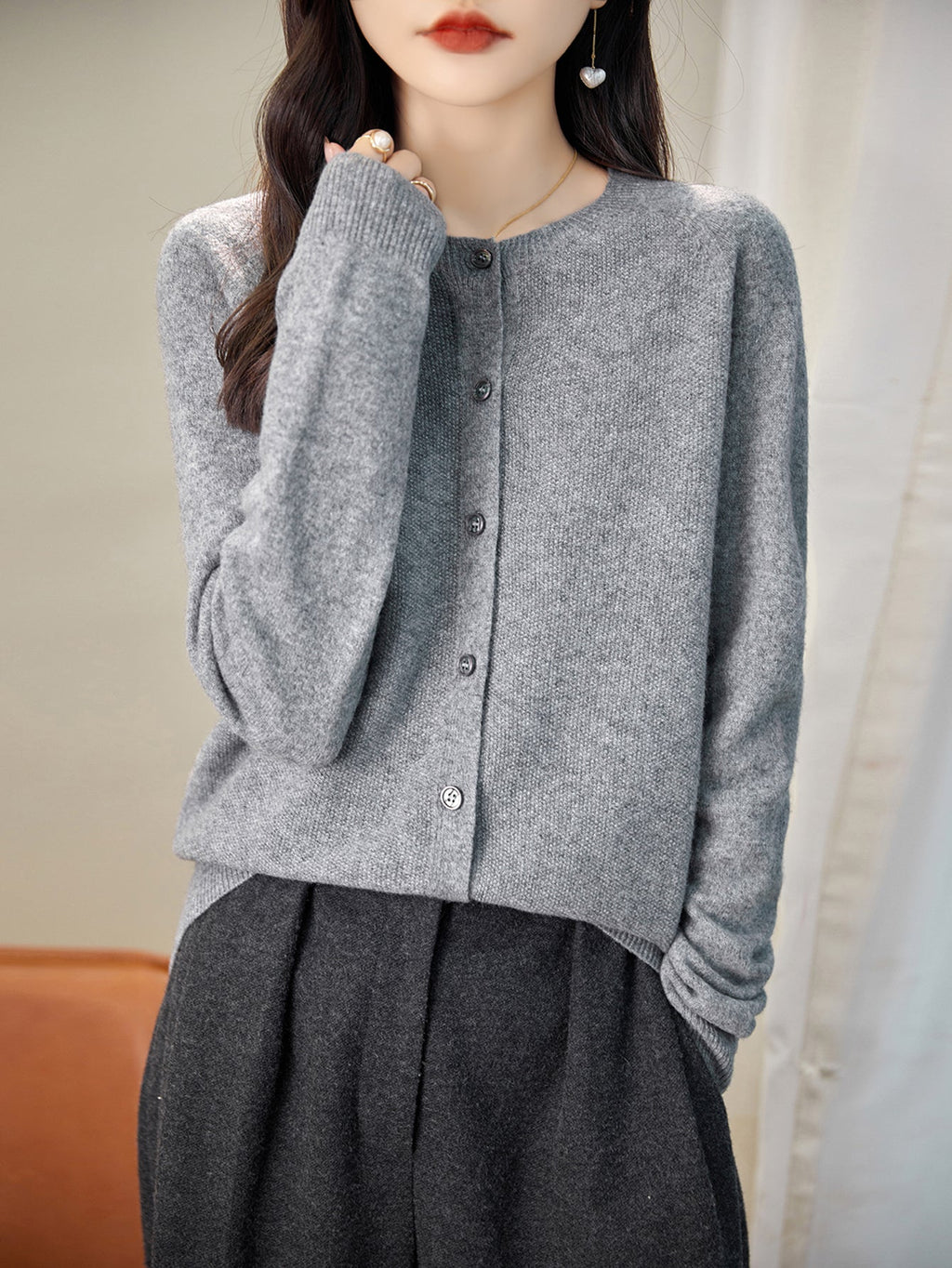 100% Merino Wool Crewneck Cardigan Sweater