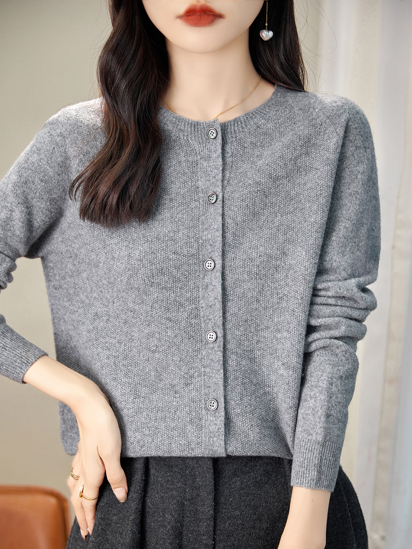 100% Merino Wool Crewneck Cardigan Sweater