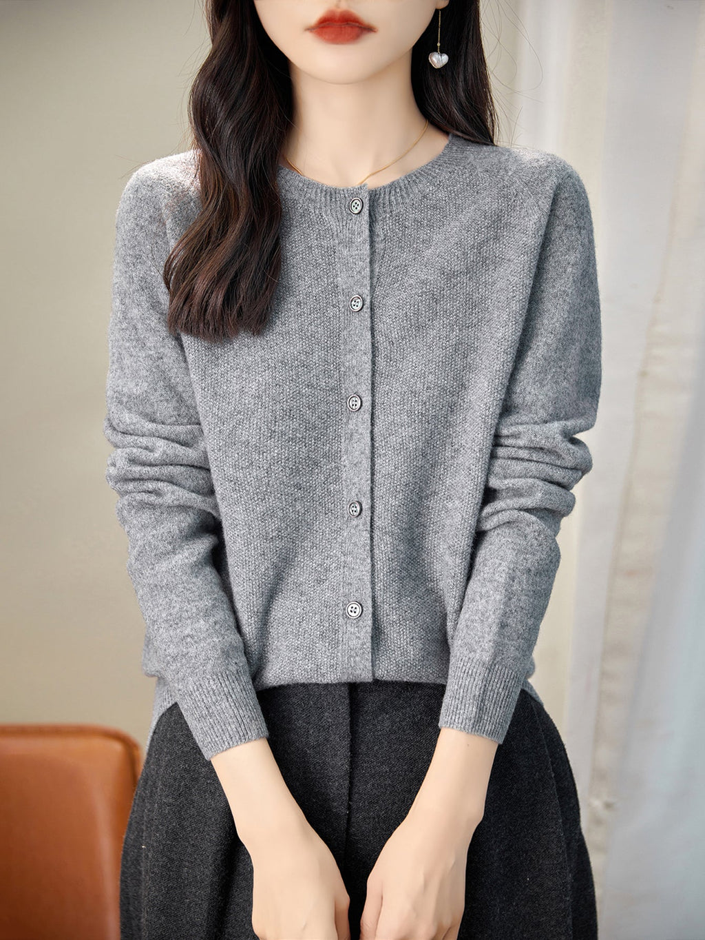 100% Merino Wool Crewneck Cardigan Sweater