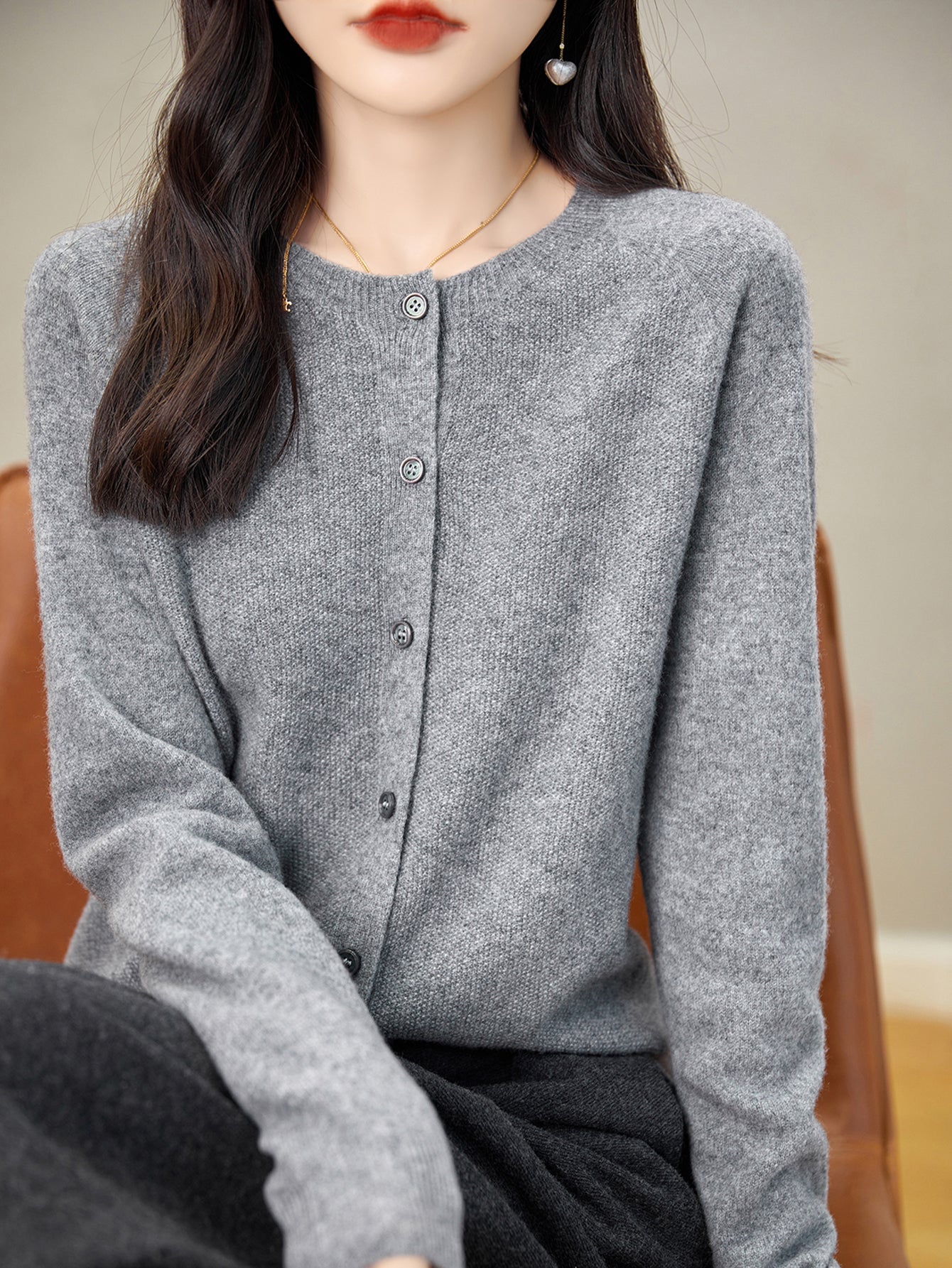 100% Merino Wool Crewneck Cardigan Sweater