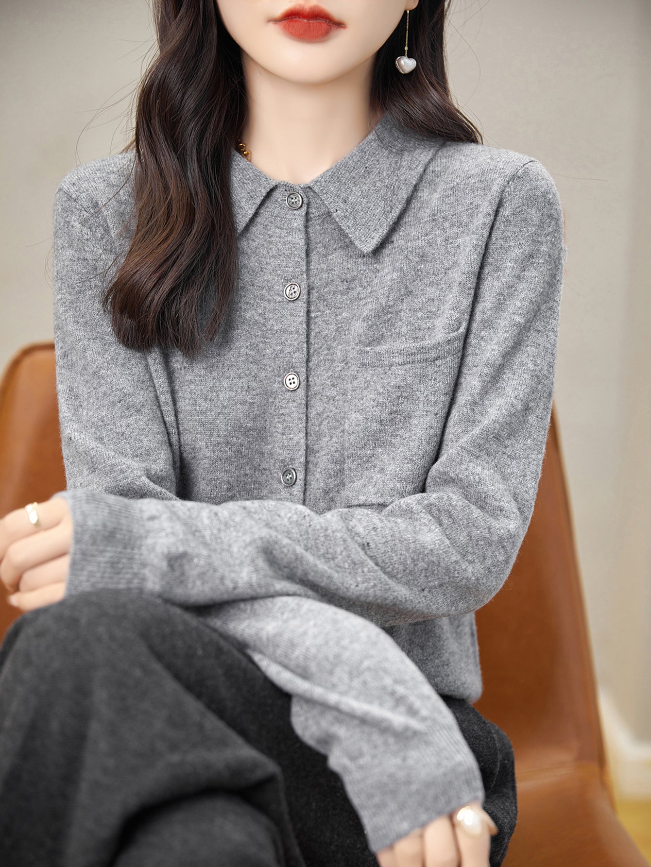 100% Merino Wool Poloneck Cardigan Sweater