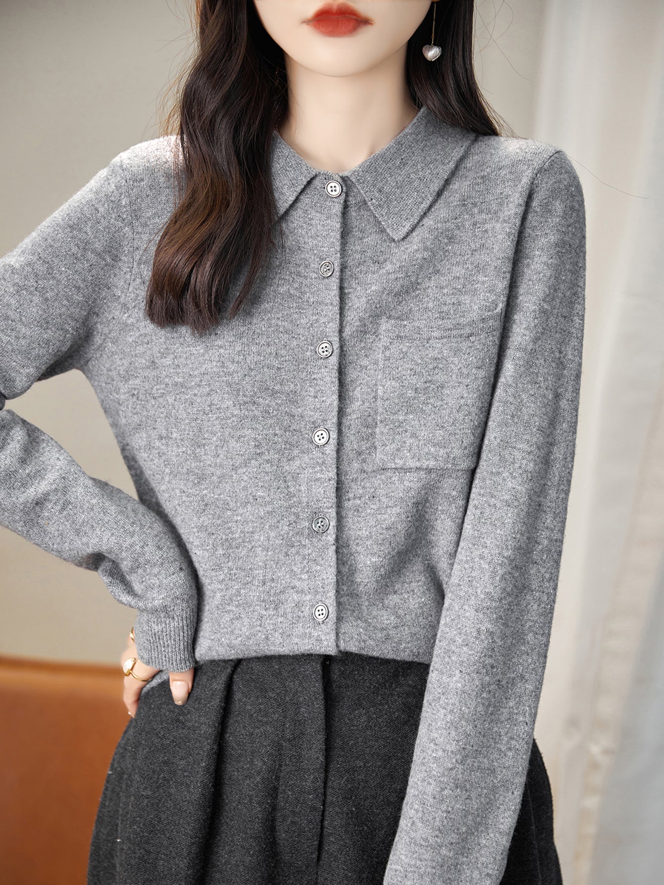 100% Merino Wool Poloneck Cardigan Sweater