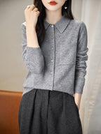 100% Merino Wool Poloneck Cardigan Sweater