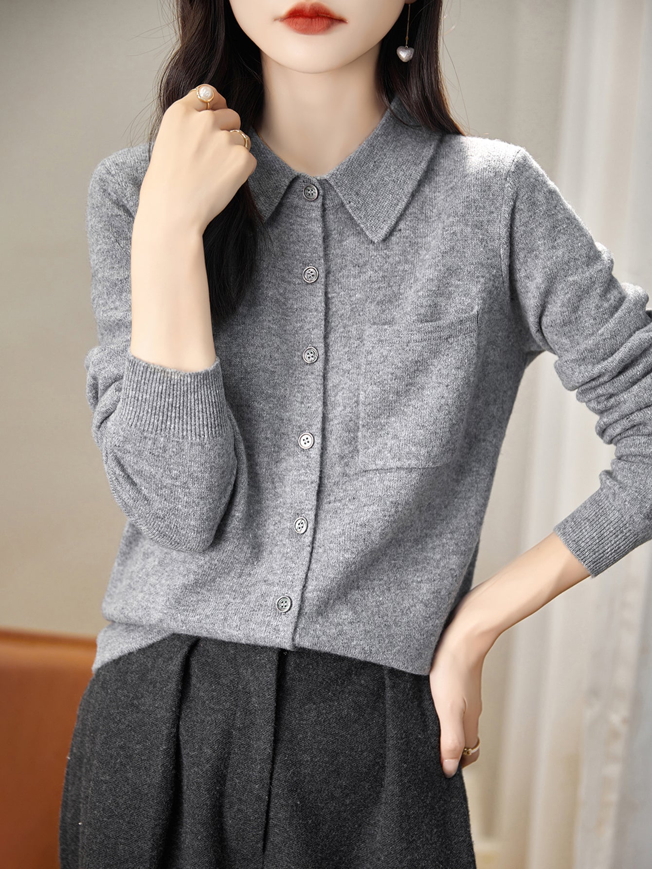 100% Merino Wool Poloneck Cardigan Sweater