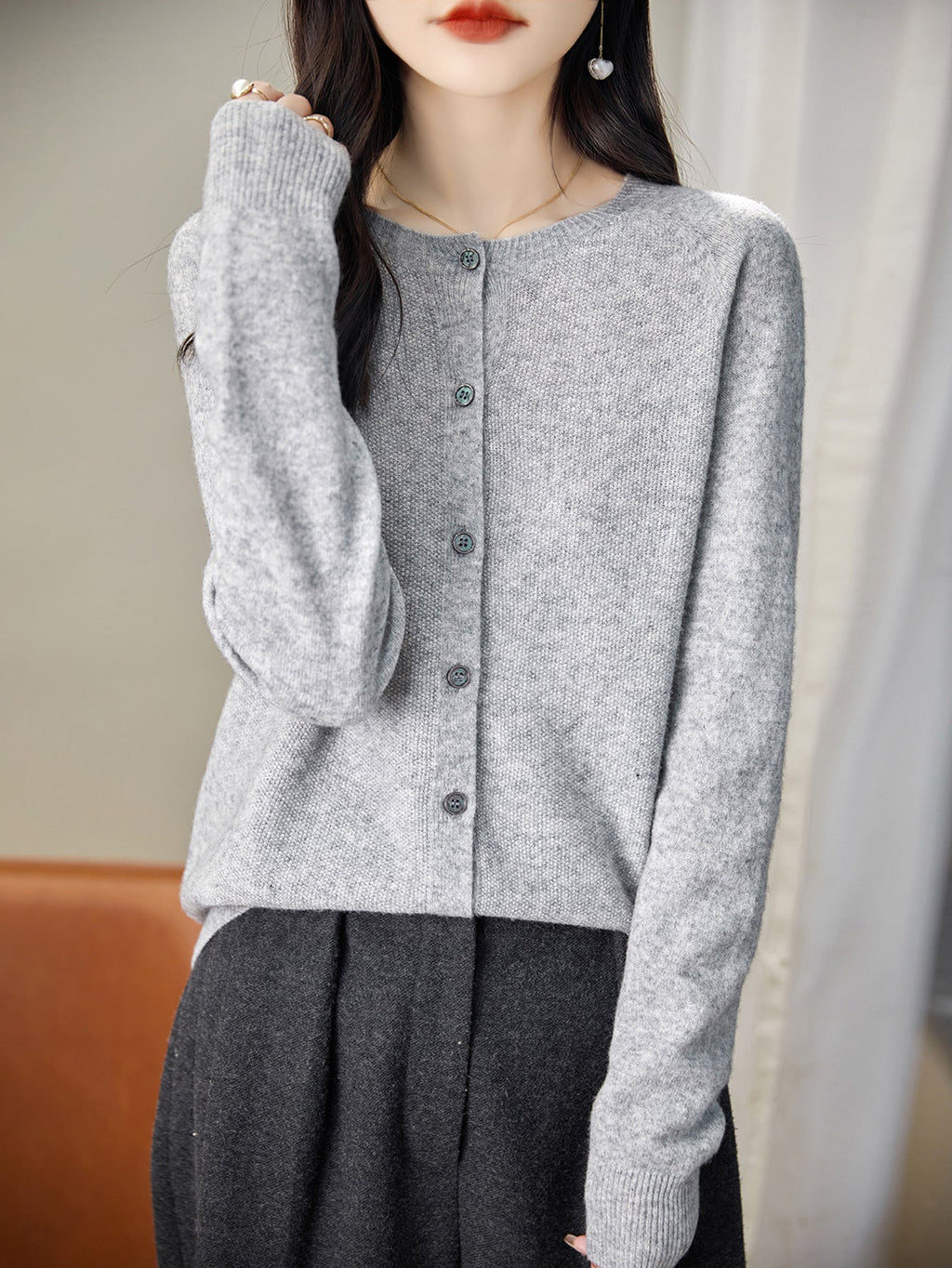 100% Merino Wool Crewneck Cardigan Sweater