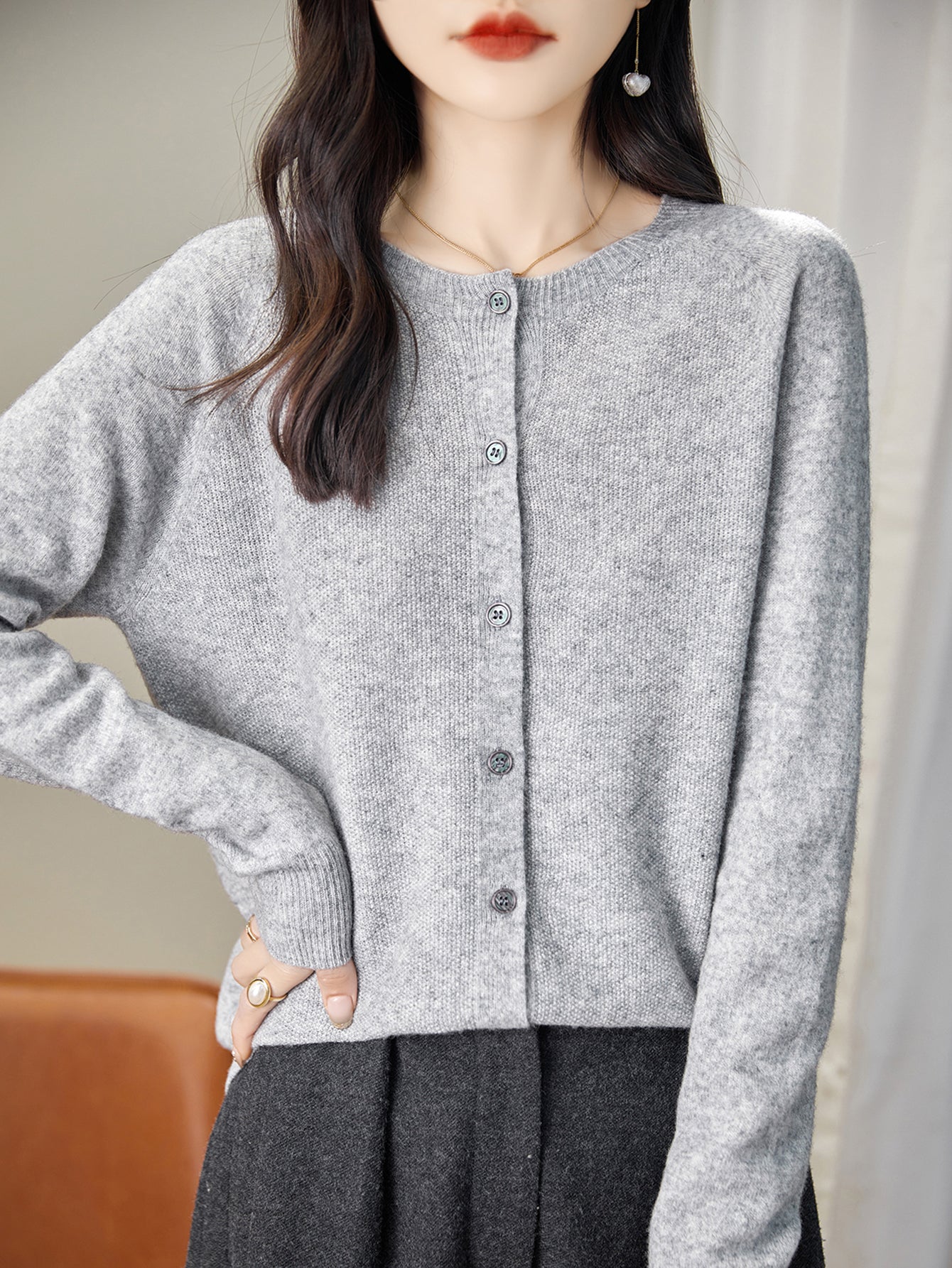 100% Merino Wool Crewneck Cardigan Sweater